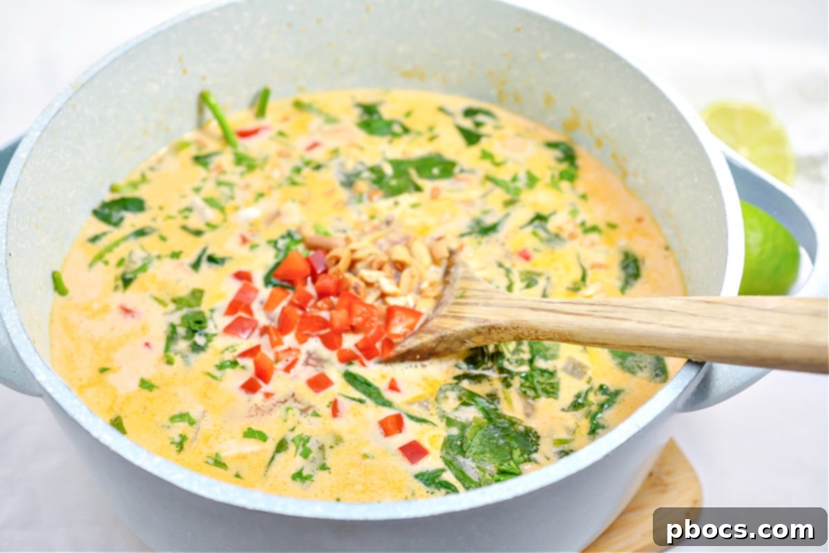 A beautifully garnished bowl of Creamy Keto Thai Chicken Soup, ready to be served