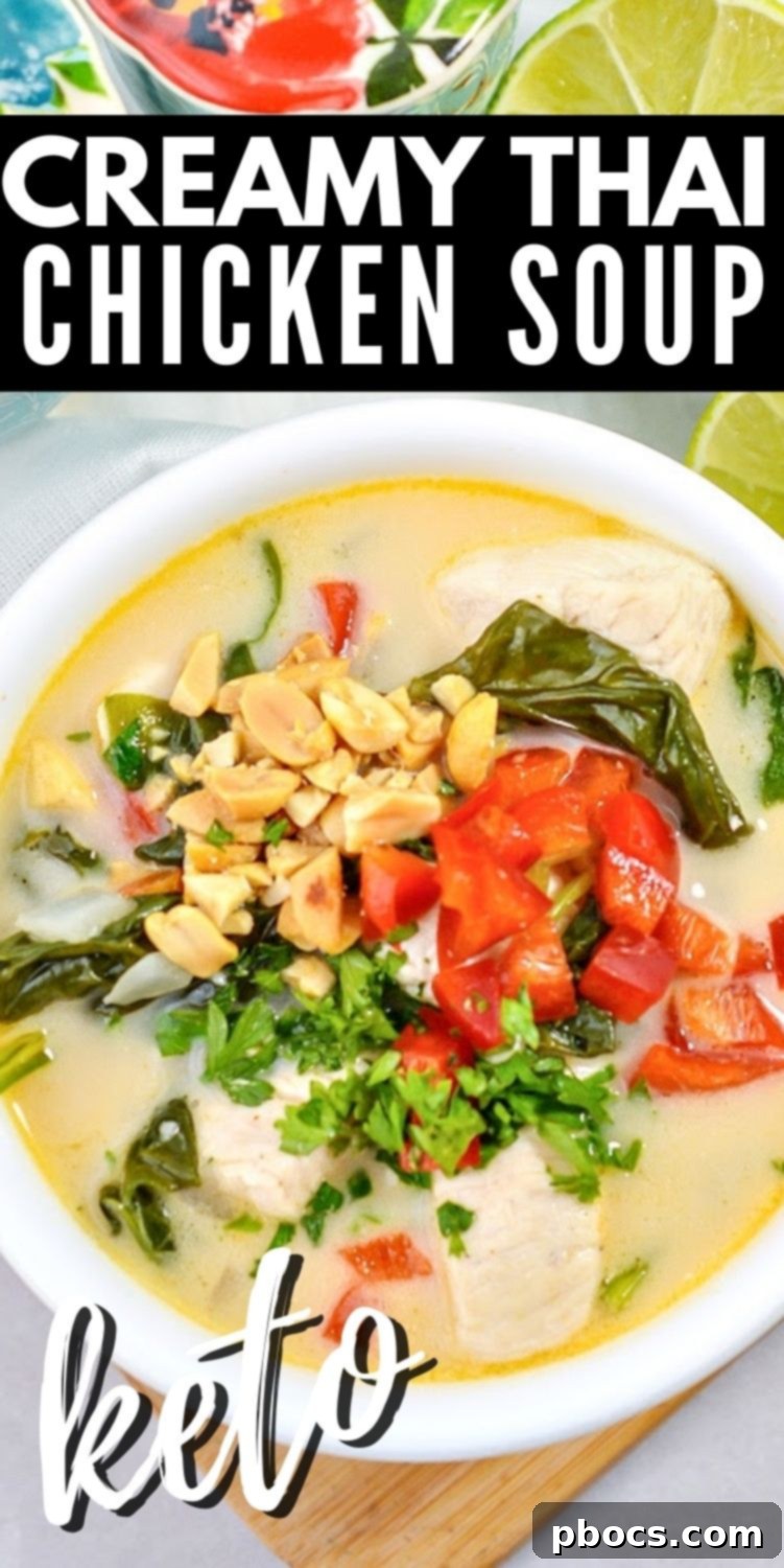 Pinterest graphic for Creamy Keto Thai Chicken Soup with relevant hashtags