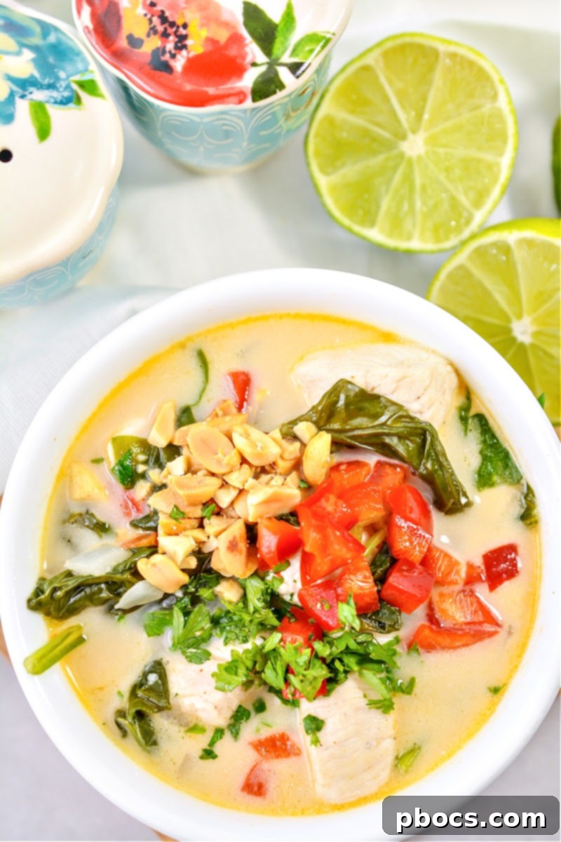 A bowl of Creamy Keto Thai Chicken Soup with a spoon, highlighting the texture