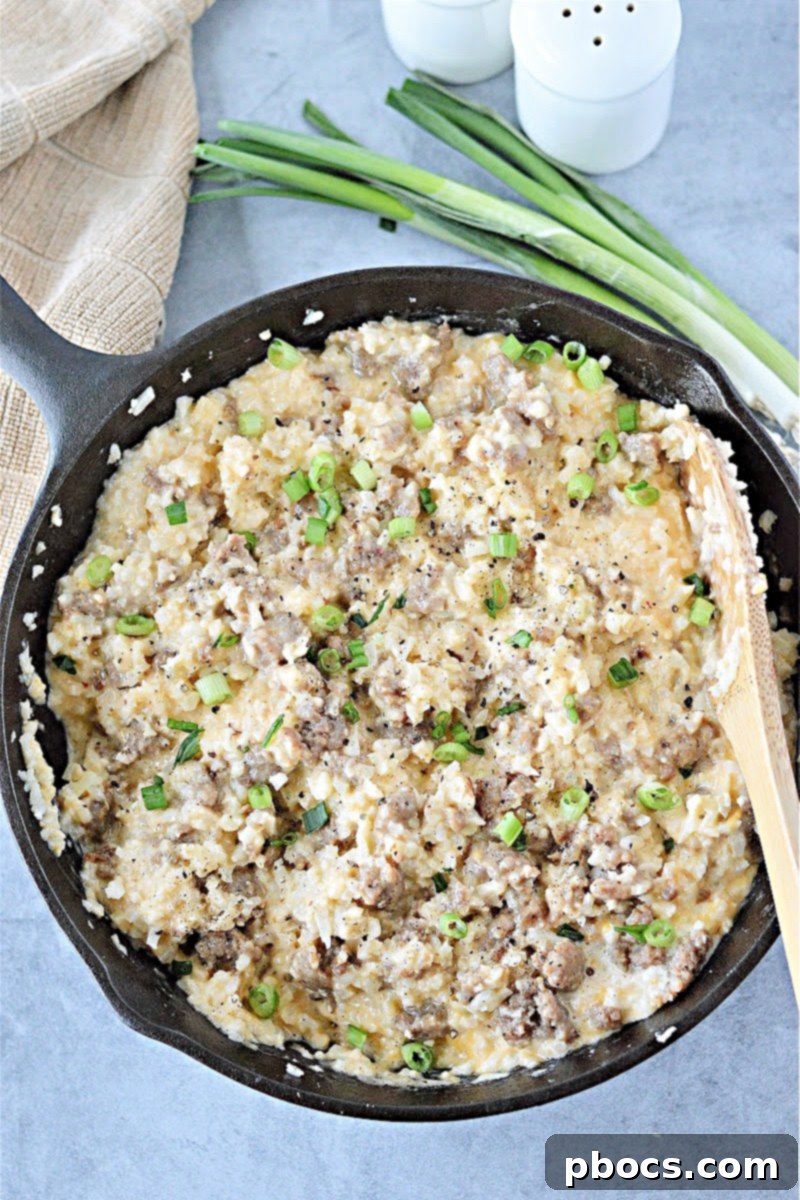 Keto Cheesy Cauliflower Rice With Sausage Skillet