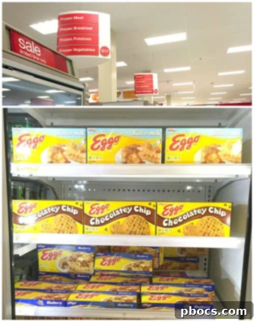 Preparing ingredients for Eggo breakfast sandwiches: cooked eggs, ham, cheese, and waffles