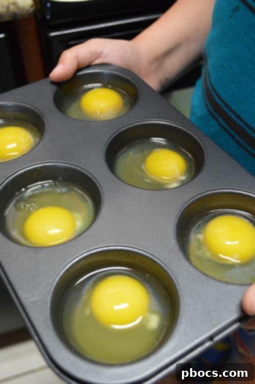 Baked eggs in muffin tin for Eggo sandwiches