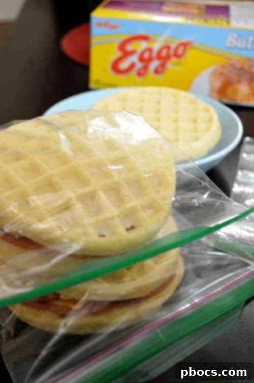 Eggo breakfast sandwiches wrapped and ready for the freezer