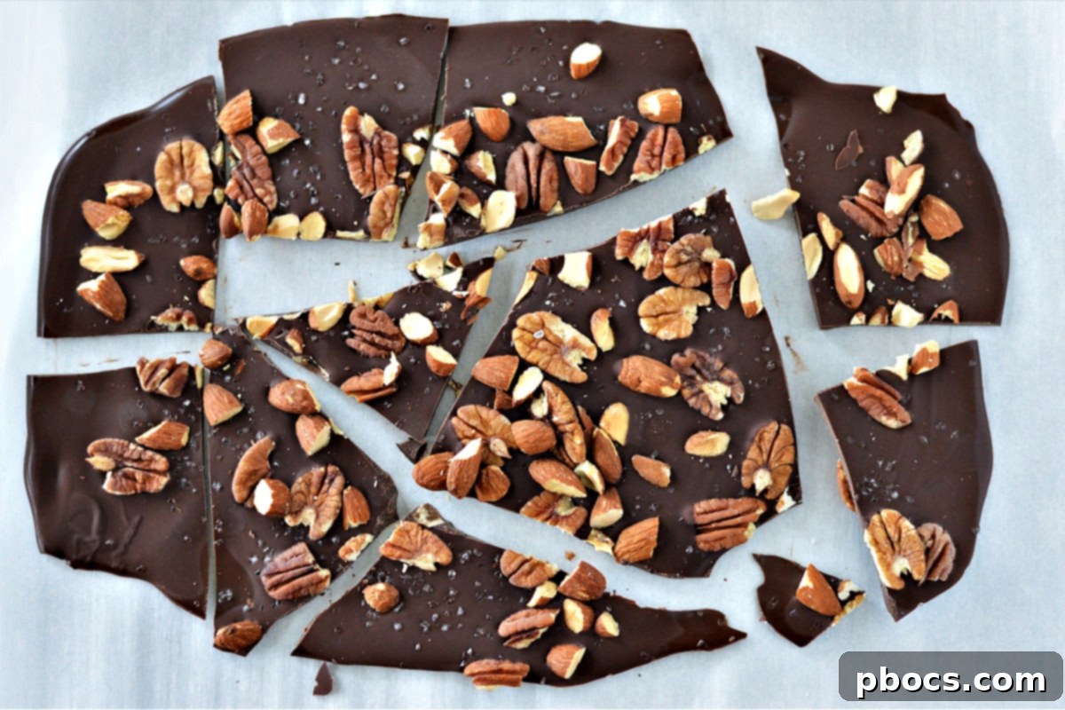 Sugar-Free Almond Pecan Keto Bark 4 Close-up of Keto Chocolate Bark With Almonds and Pecans