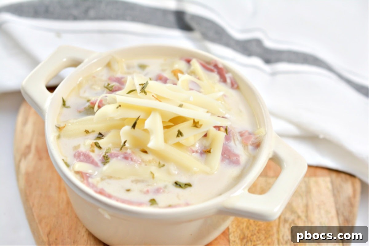 Hearty Keto Reuben Soup 3 Creamy Keto Reuben Soup simmering on the stove, ready to serve.