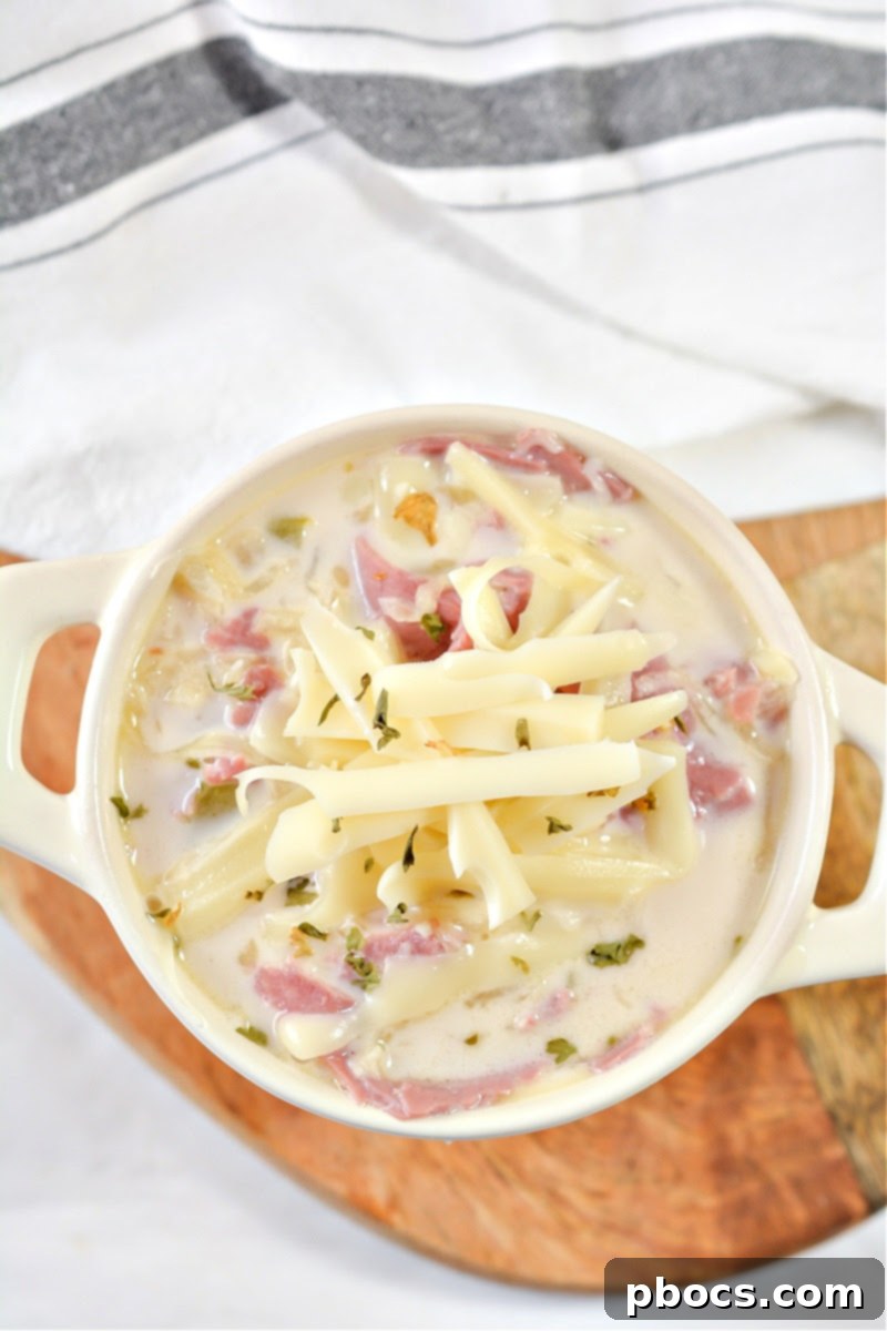 Hearty Keto Reuben Soup 4 Close-up of Keto Reuben Soup, highlighting the rich, creamy texture and melted Swiss cheese.