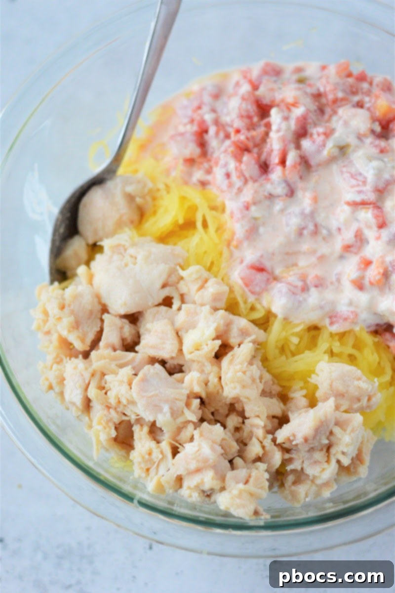 Cream cheese mixture with ROTEL for low-carb chicken spaghetti