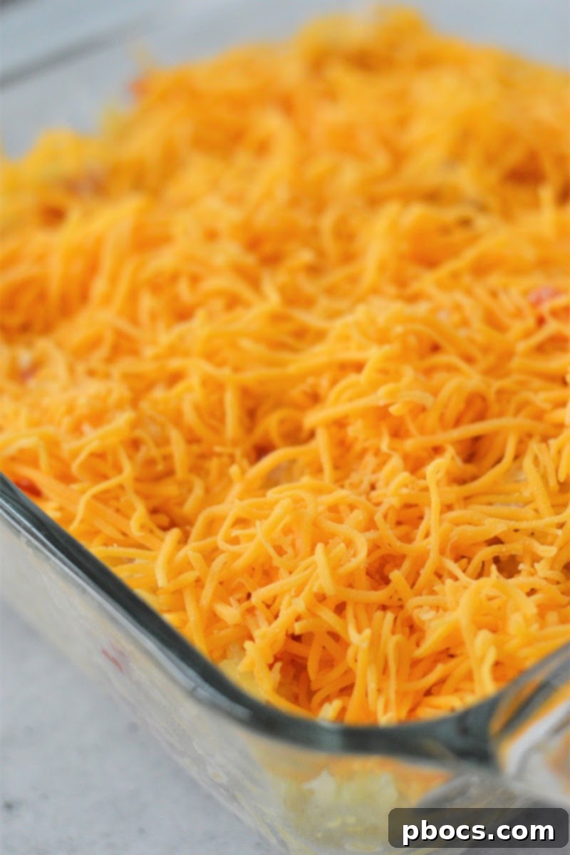 Low-carb cheesy chicken spaghetti topped with cheddar cheese, ready for oven