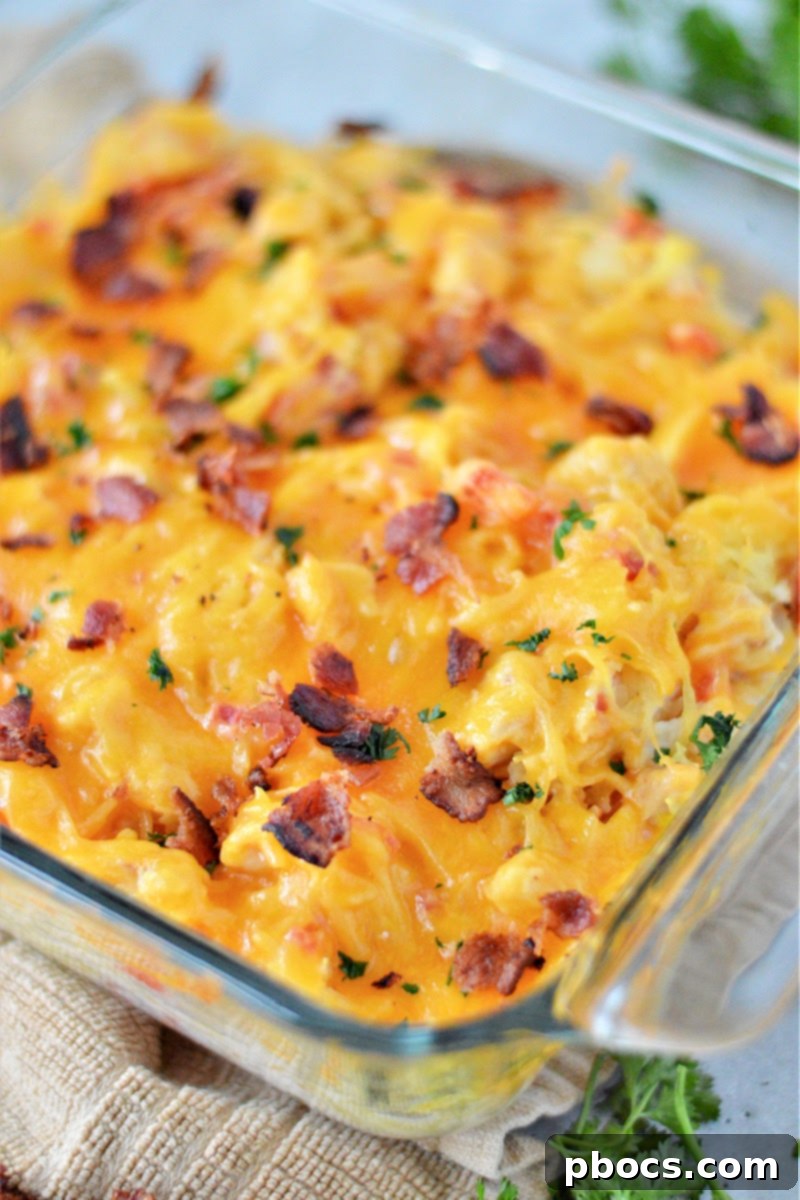 Baked low-carb cheesy chicken spaghetti hot from the oven