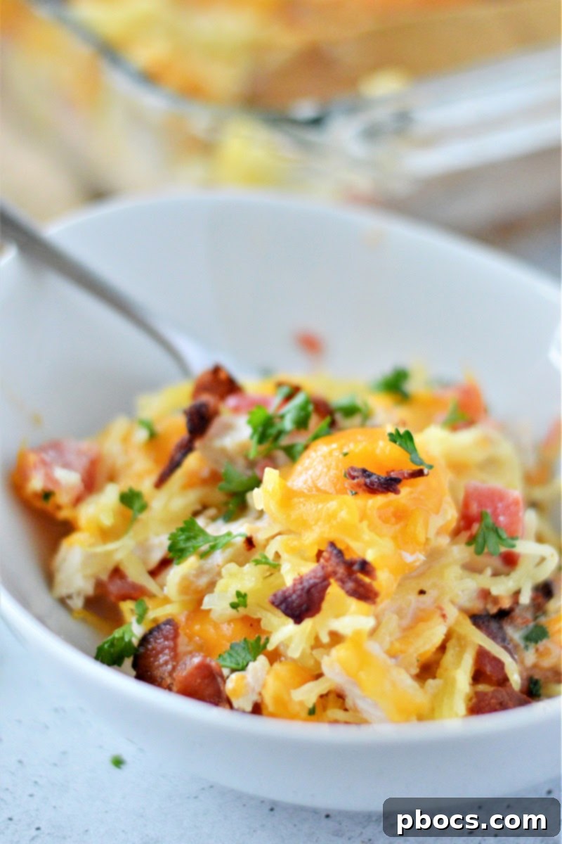 Close-up of Low-Carb Cheesy Chicken Spaghetti in a baking dish