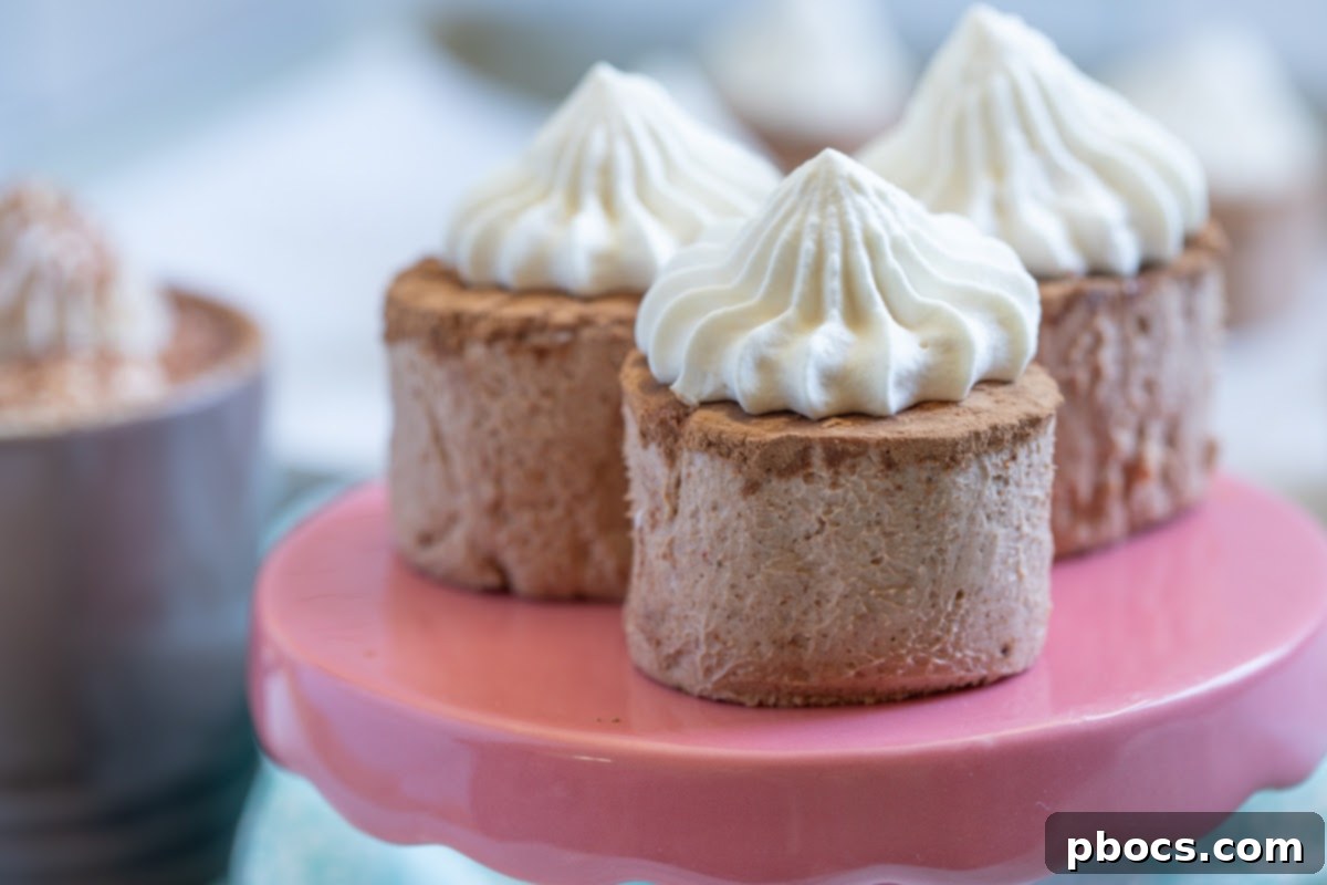 Two Keto Hot Chocolate Fat Bombs on a white plate, showcasing their smooth chocolate coating and a dollop of whipped cream on top.