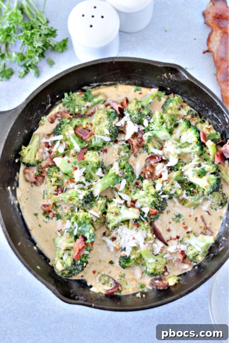 Creamy Low Carb Garlic Parmesan Broccoli Skillet