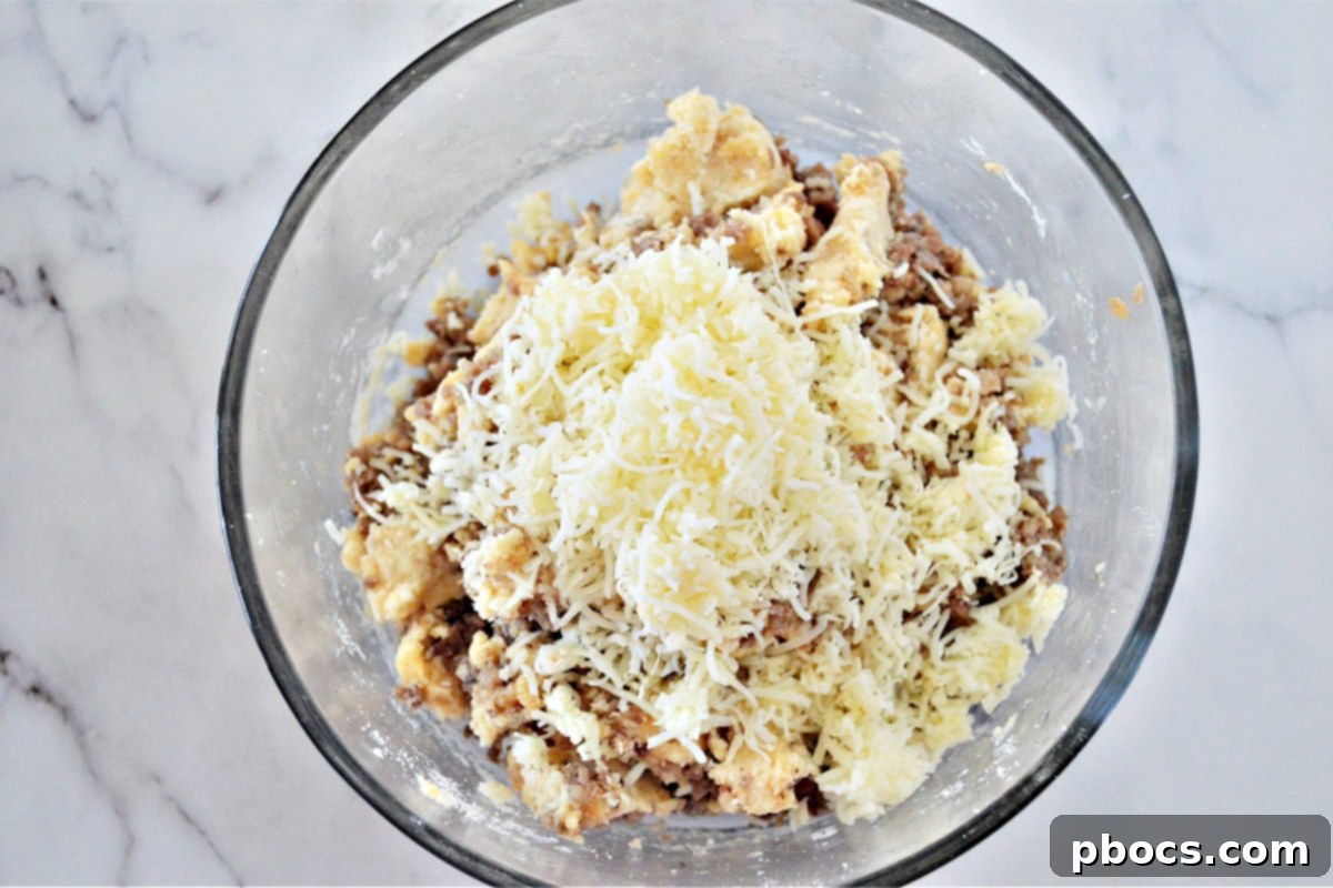 Adding cooked sausage and shredded cheese to the muffin batter