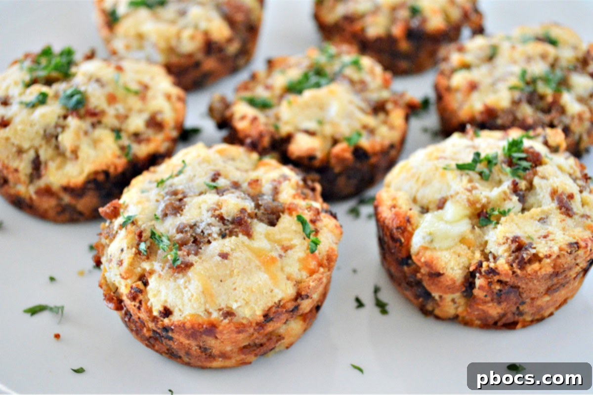 Close-up of golden brown Keto Sausage Muffins