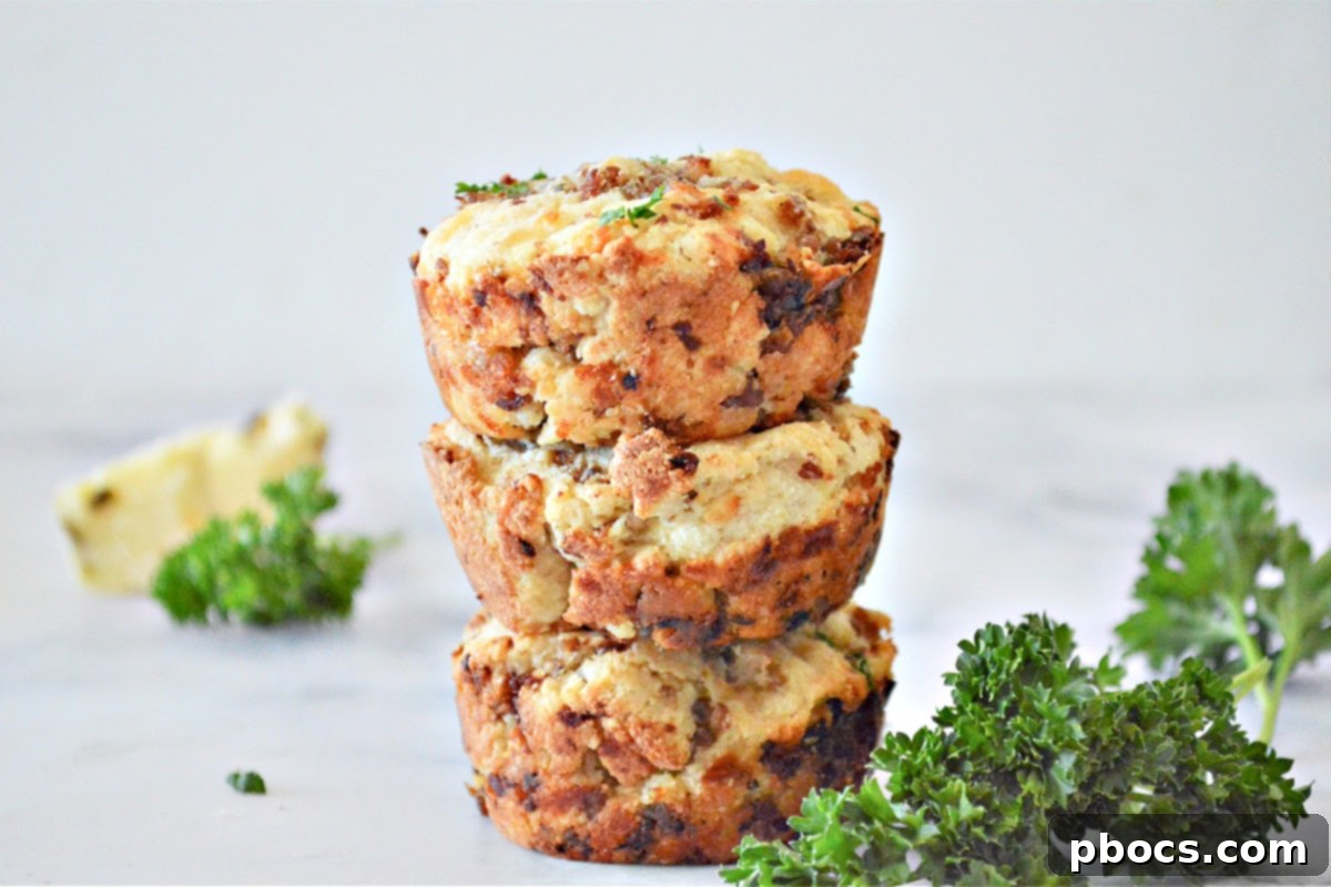 Freshly baked Keto Sausage Muffins in a muffin tin