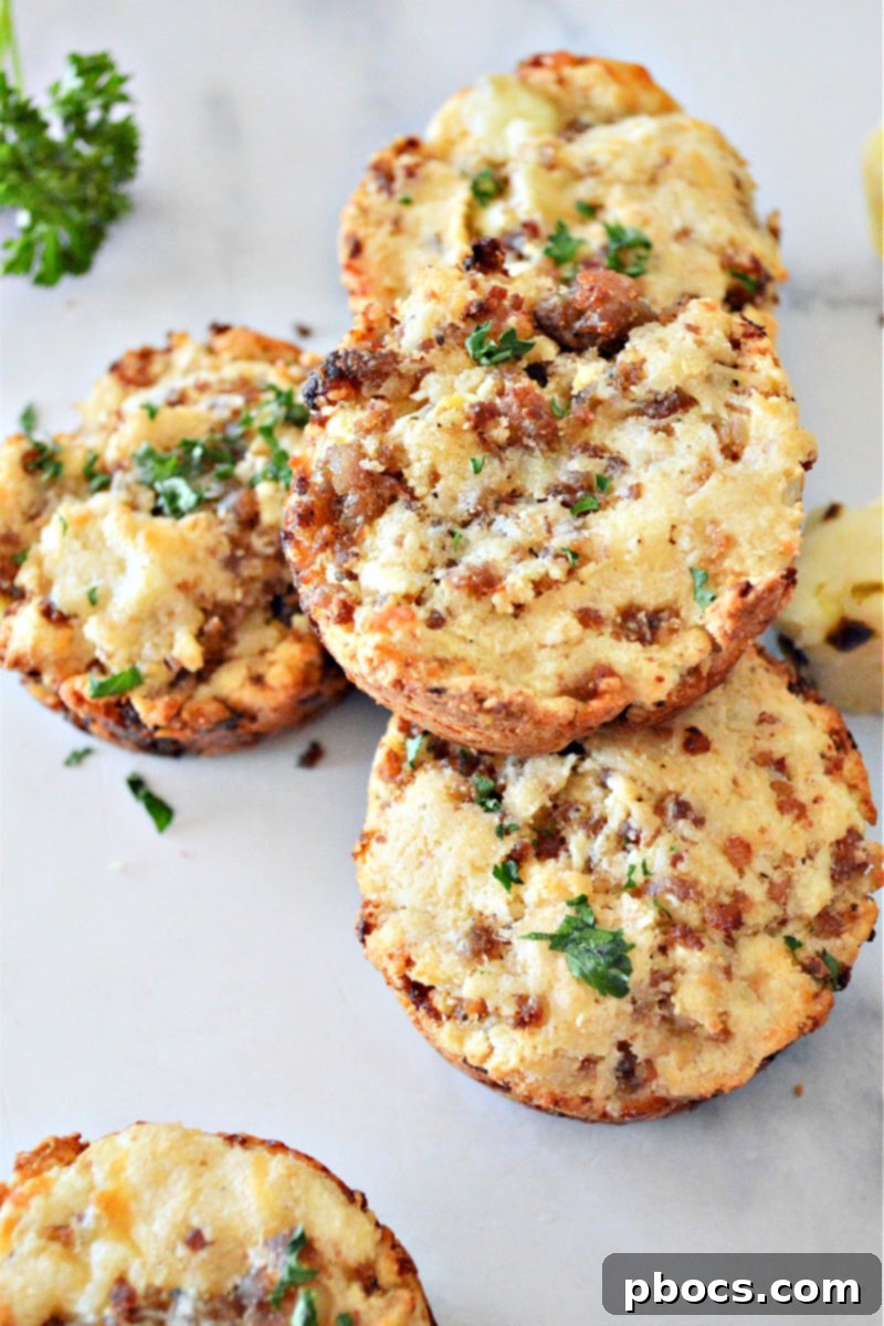 A hand placing a Keto Sausage Muffin into a freezer bag