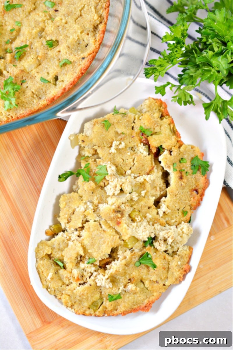 Classic Keto Cornbread Dressing on a white platter
