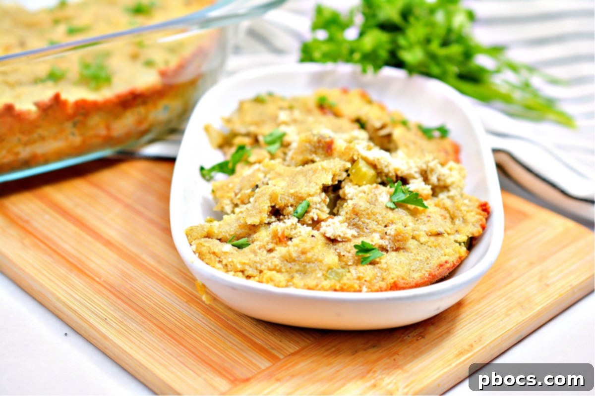 Close-up of baked Keto Cornbread Dressing in a dish