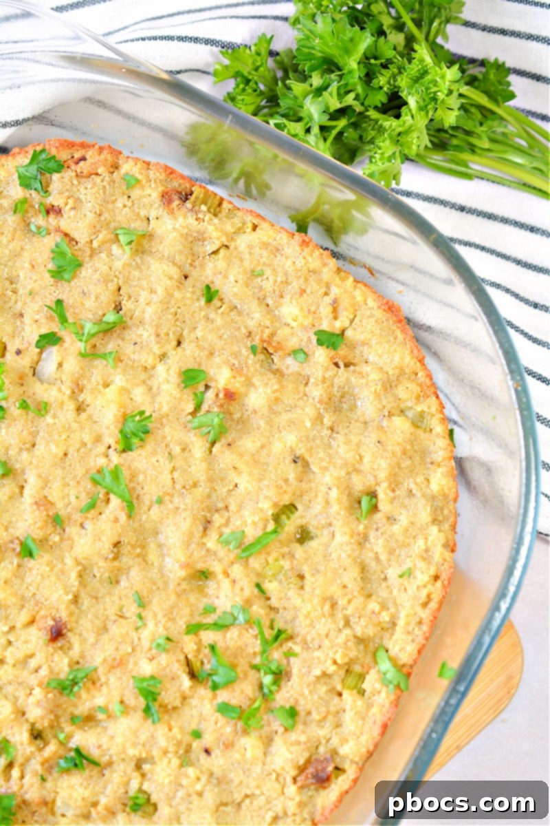 Platter of Keto Cornbread Dressing ready to serve