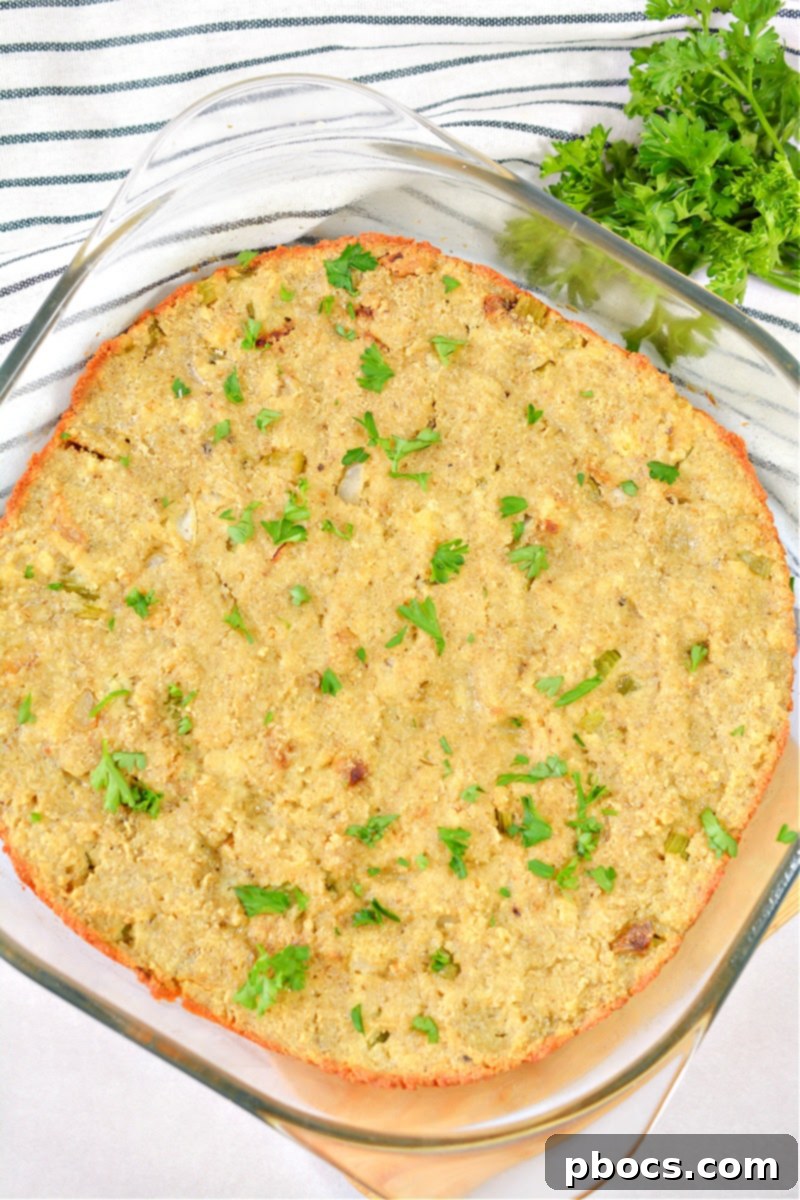 Baked Keto Cornbread Dressing in a baking dish