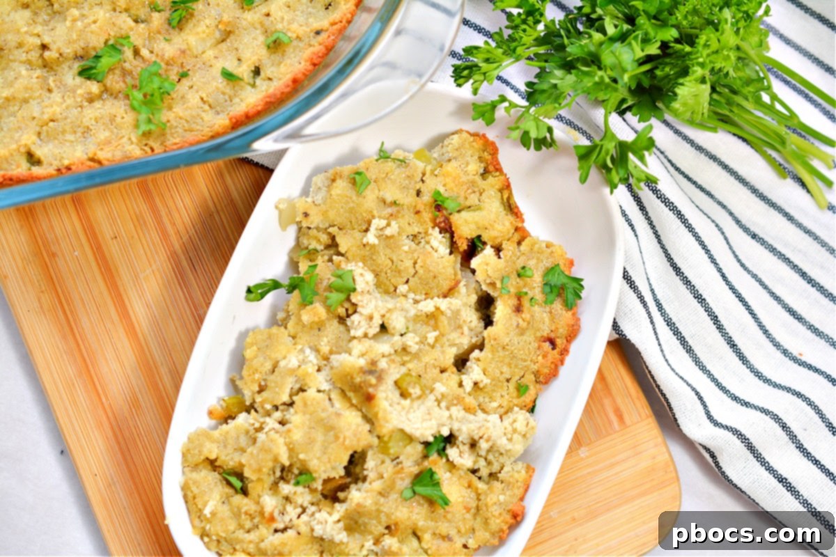 A serving of Keto Cornbread Dressing on a plate