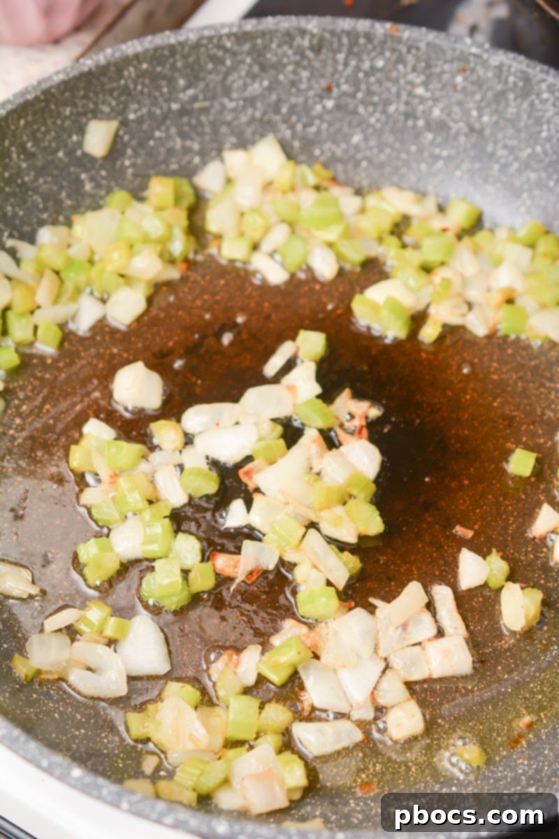 Sautéing onions and celery for keto cornbread dressing