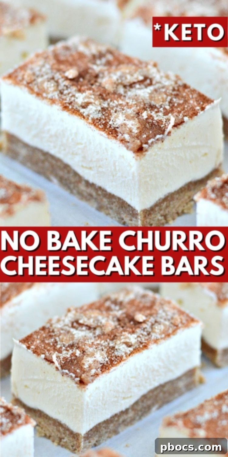Pin this recipe for Keto No-Bake Churro Cheesecake Bars on Pinterest