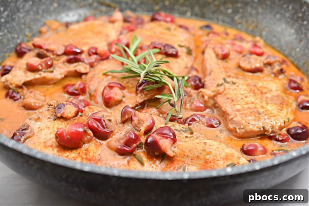 Creamy Keto Cranberry Rosemary Chicken Skillet cooking in a pan, showcasing the rich sauce and fresh ingredients.