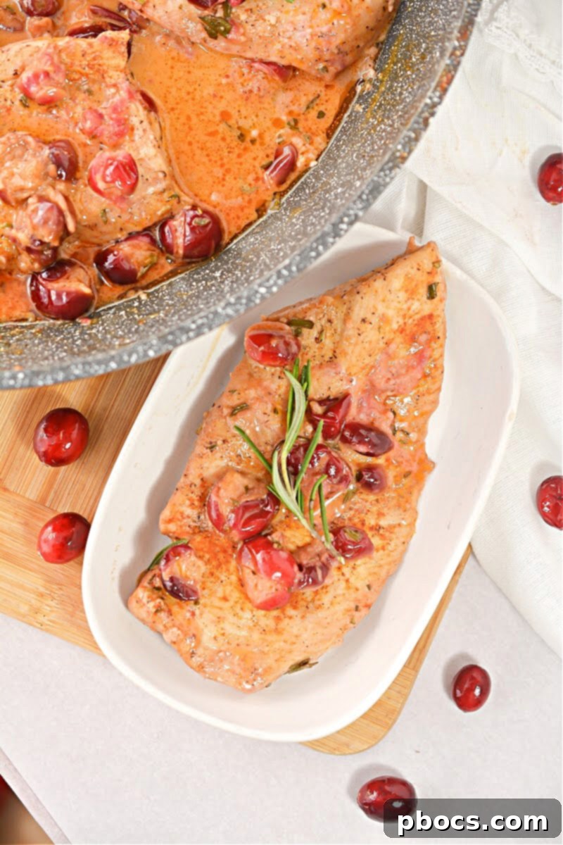 Close-up of Creamy Keto Cranberry Rosemary Chicken Skillet, showing the rich sauce and perfectly cooked chicken.