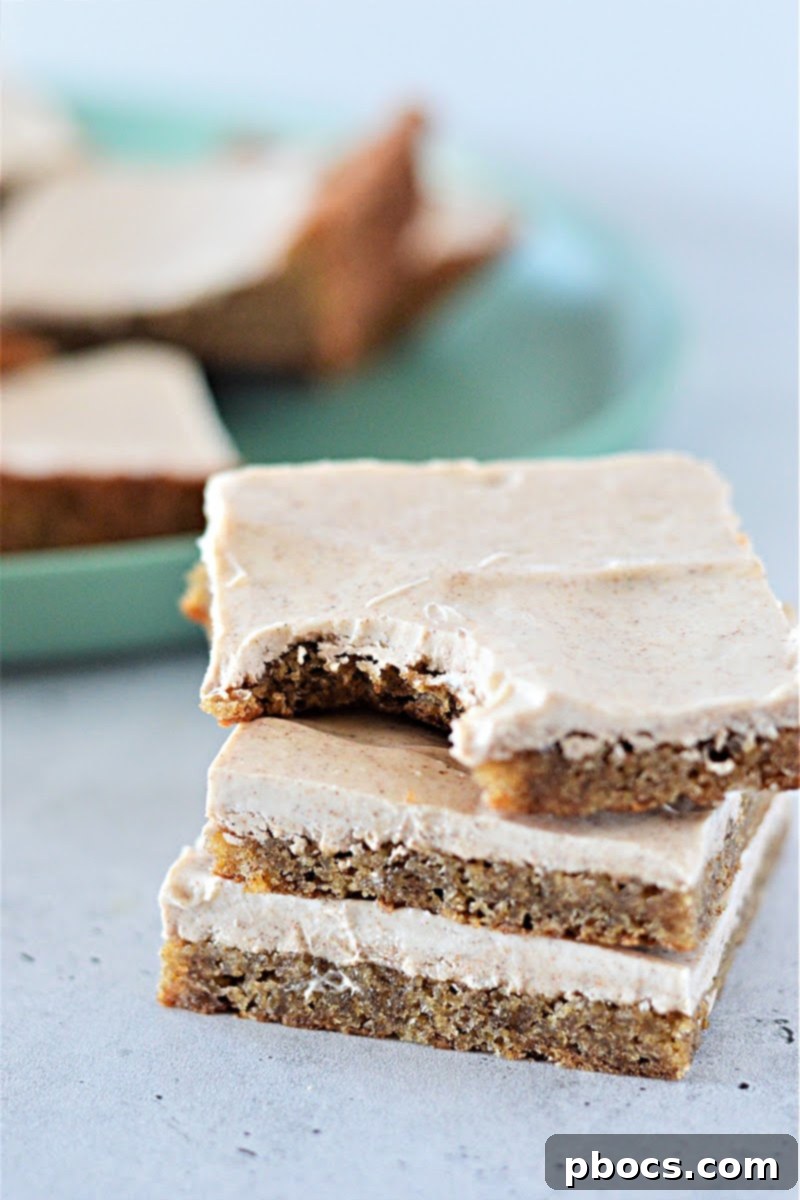 Close-up of frosted Keto Gingerbread Cookie Bars