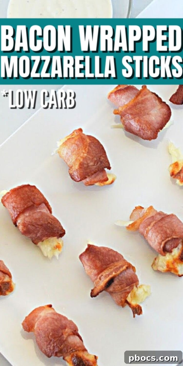 Keto Bacon Wrapped Mozzarella Sticks - Pin for later graphic