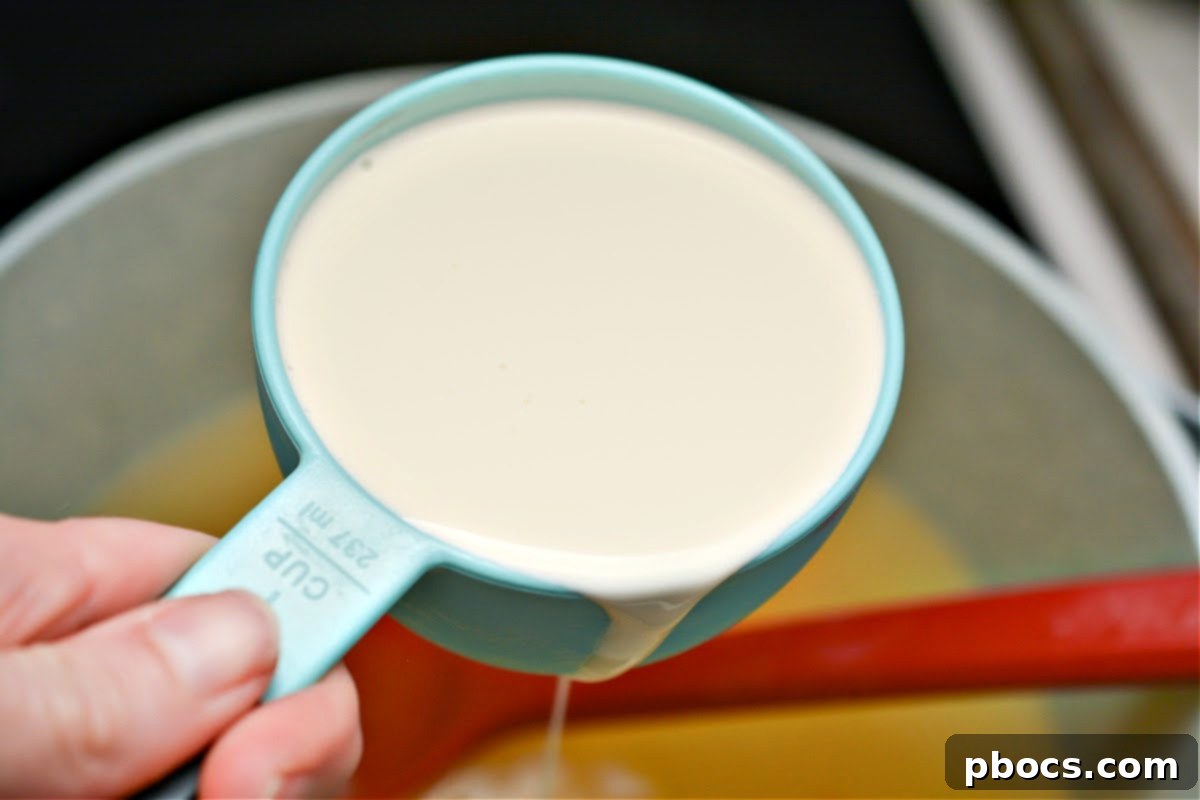 Creamy Keto Chicken Alfredo Soup 12 Adding chicken broth and heavy cream to the soup base