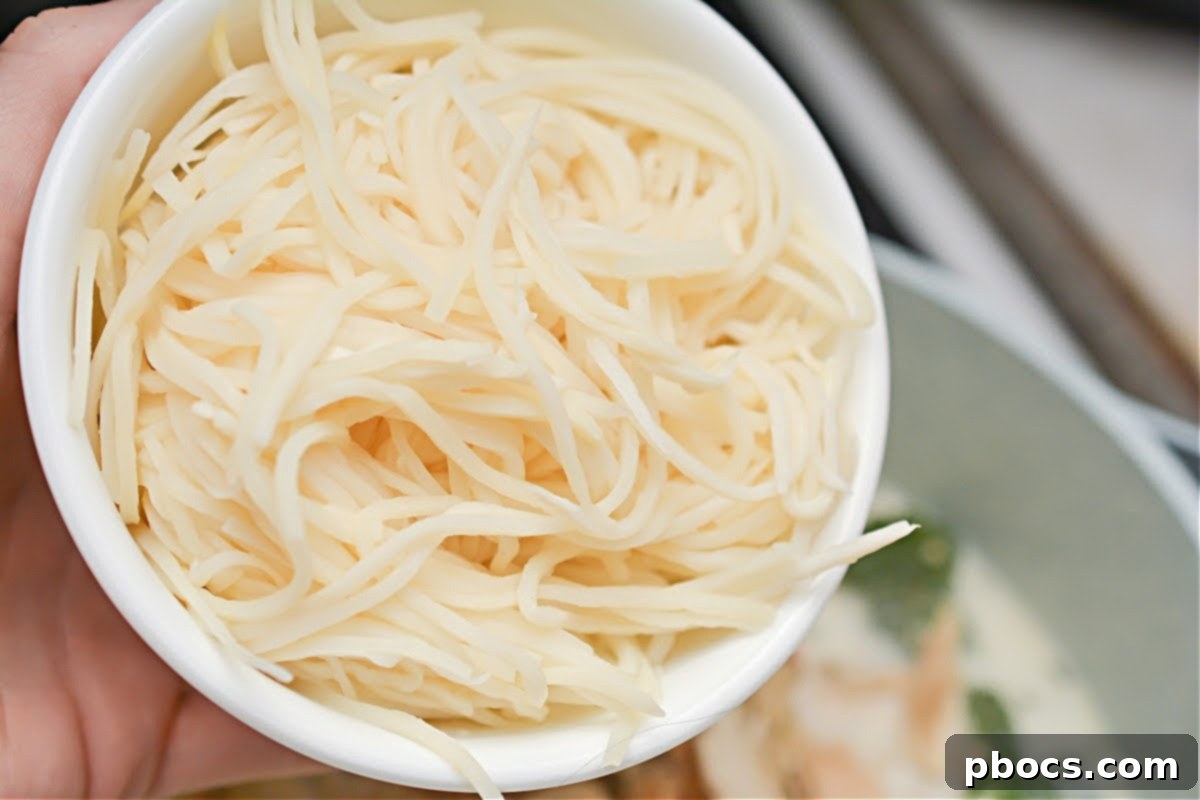 Creamy Keto Chicken Alfredo Soup 16 Mixing shredded chicken, Palmini noodles, and Parmesan cheese into the soup
