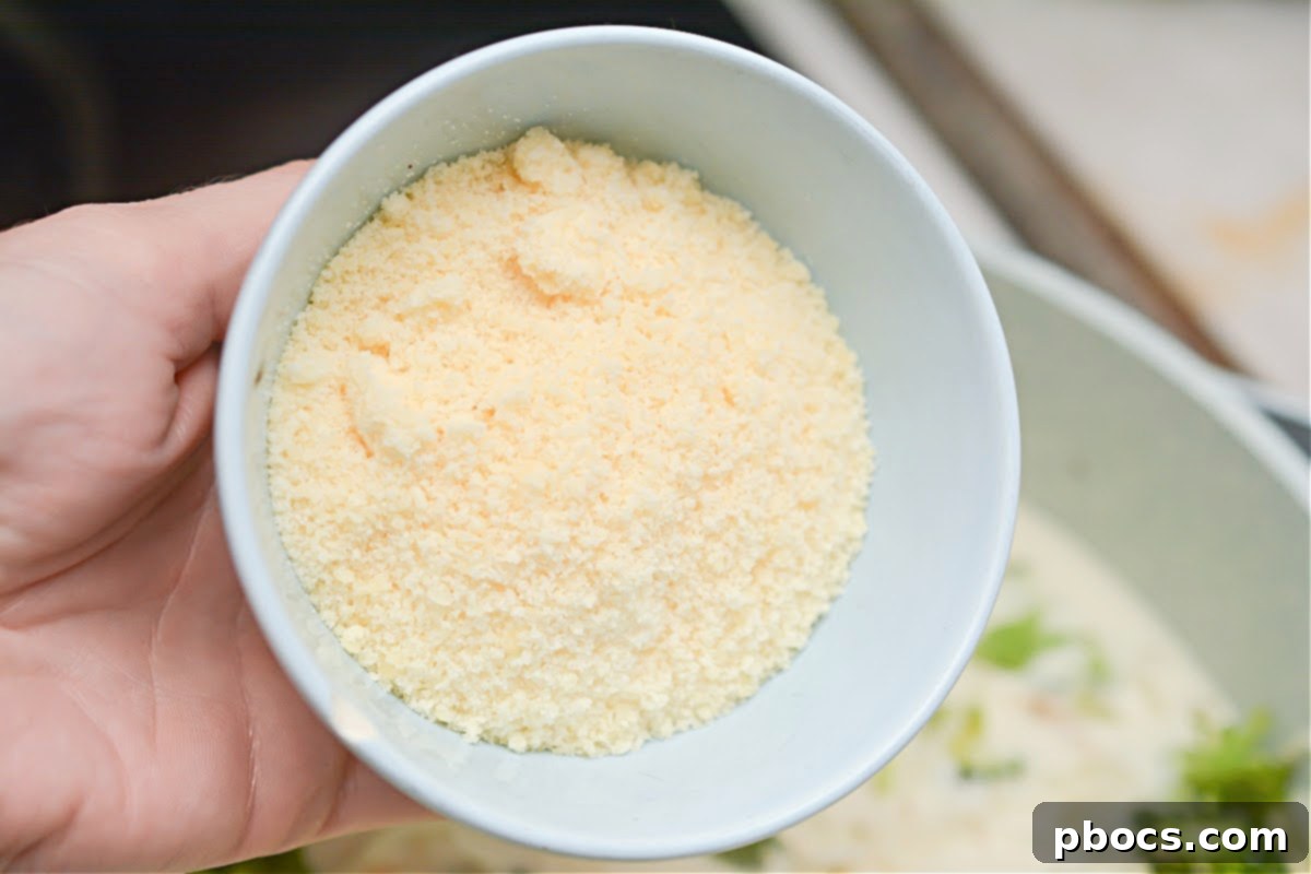 Creamy Keto Chicken Alfredo Soup 17 Close-up of Palmini noodles and chicken in the creamy soup base