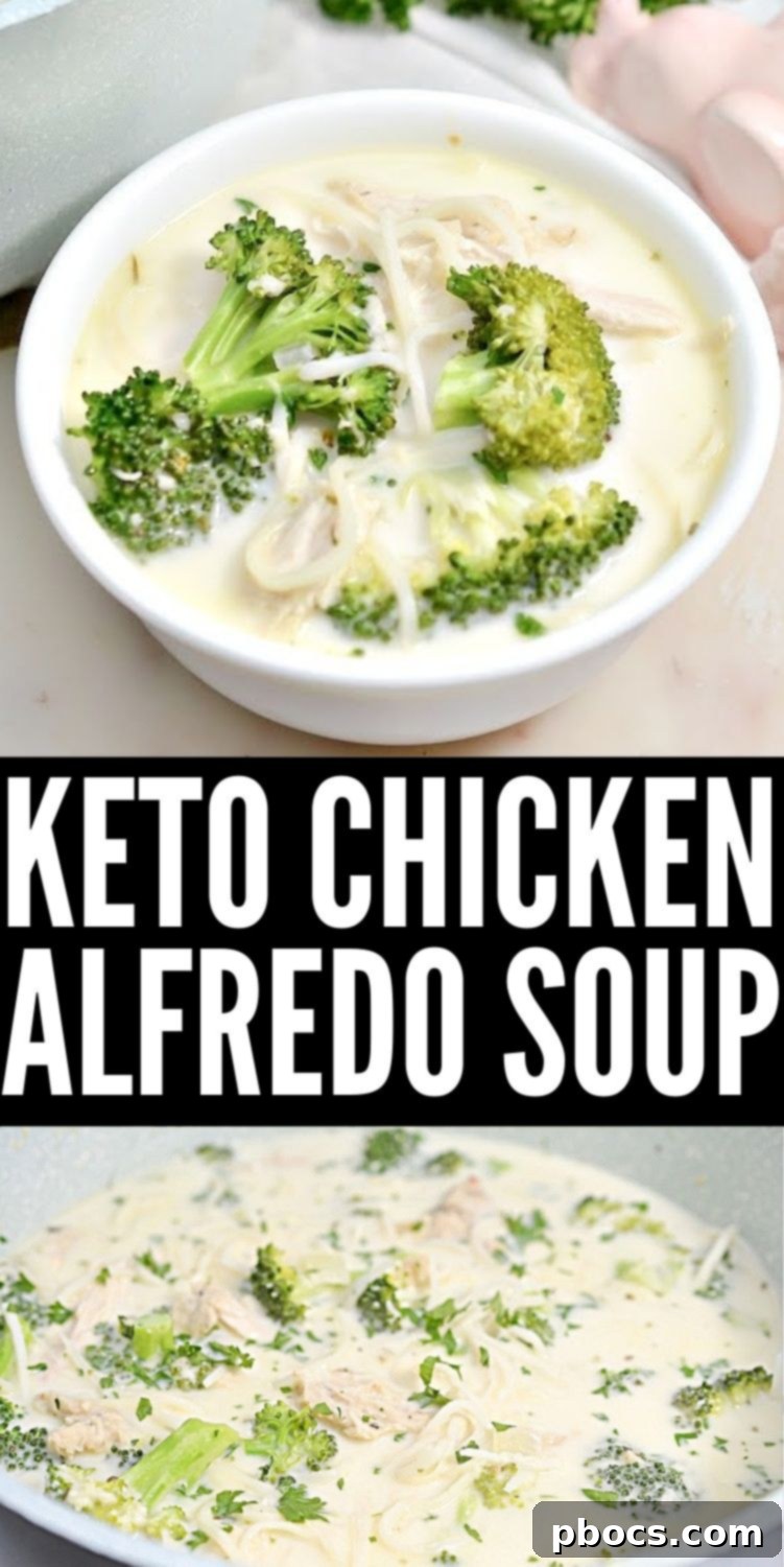 Creamy Keto Chicken Alfredo Soup 19 Pin for later: Keto Chicken Alfredo Soup, a delicious low-carb and gluten-free recipe. Hashtags: #ketobroccolichickenalfredosoup #broccolichickenalfredosoup