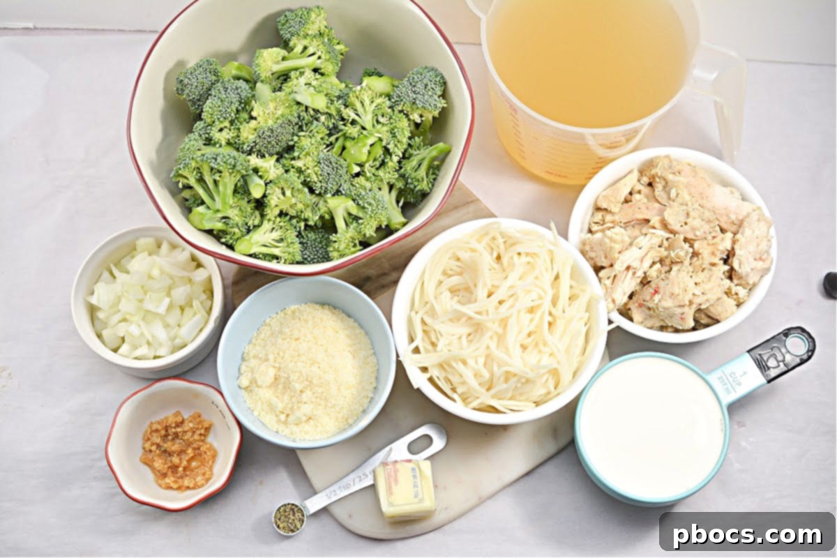 Creamy Keto Chicken Alfredo Soup 4 Ingredients for Keto Chicken Alfredo Soup including shredded chicken, broccoli, and Palmini noodles