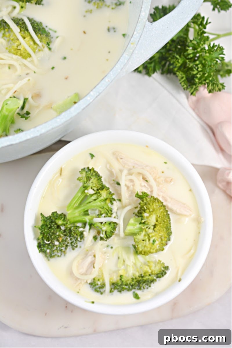 Creamy Keto Chicken Alfredo Soup 8 A bowl of Keto Chicken Alfredo Soup, ready to be enjoyed