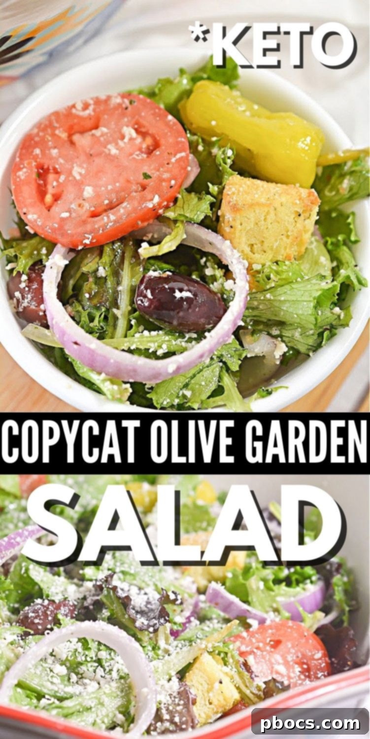 Pin for later image for Keto Copycat Olive Garden Salad, with hashtags #ketocopycatolivegardensalad #copycatolivegardensalad