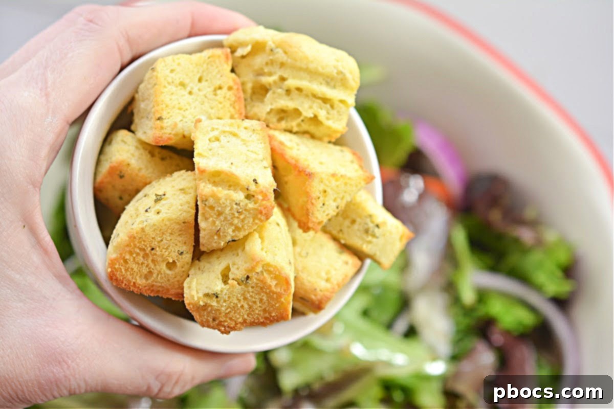Process shot of homemade keto croutons, showing them after being cut into cubes and ready for toasting, highlighting their texture.