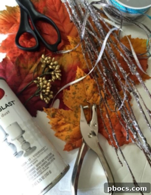 Supplies for DIY sparkly leaf garland project