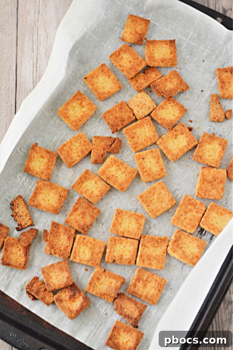 Freshly baked and golden brown Keto Cheese Crackers