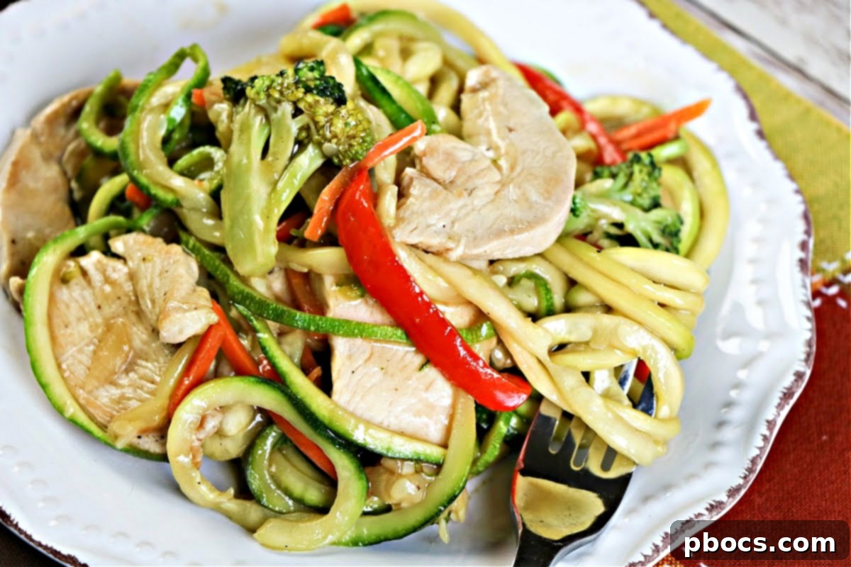 Wholesome Chicken Zoodle Stir-Fry 3 Delicious Low-Carb Chicken Zoodle Lo Mein with crisp vegetables
