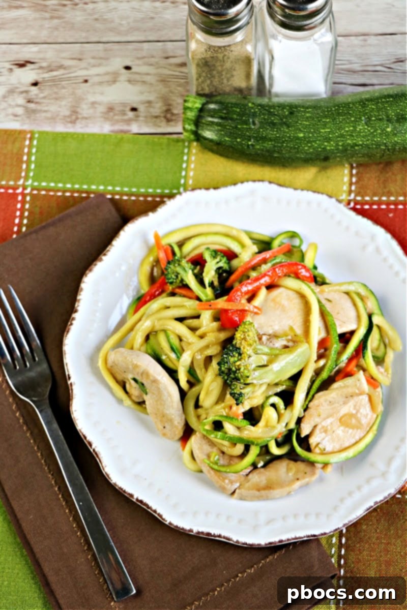 Wholesome Chicken Zoodle Stir-Fry 5 Freshly spiralized zucchini noodles prepared for lo mein