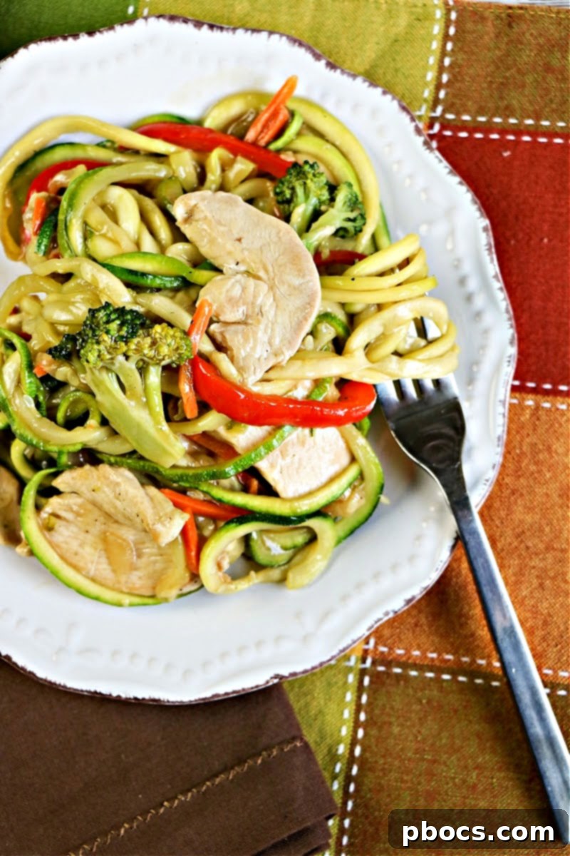 Wholesome Chicken Zoodle Stir-Fry 9 Low-Carb Chicken Zoodle Lo Mein beautifully plated and ready to serve