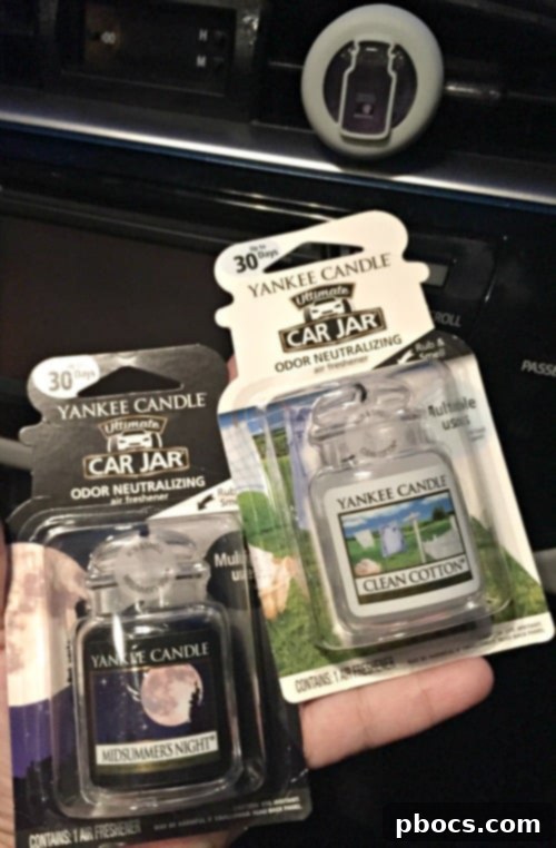 Yankee Candle Car Care products creatively used as stocking stuffers, suggesting a thoughtful holiday gift idea