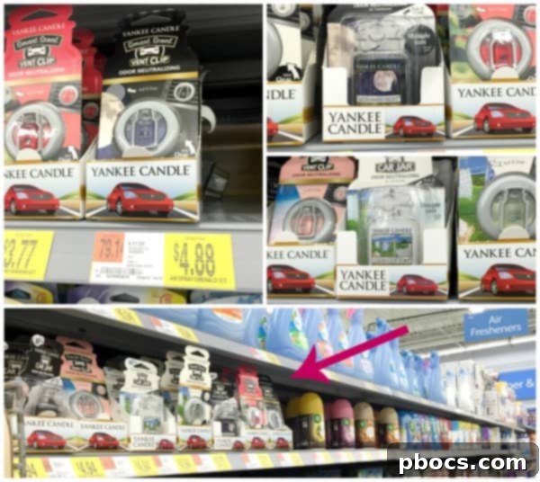 Assortment of Yankee Candle Car Care products displayed neatly on a shelf in a store's car care aisle
