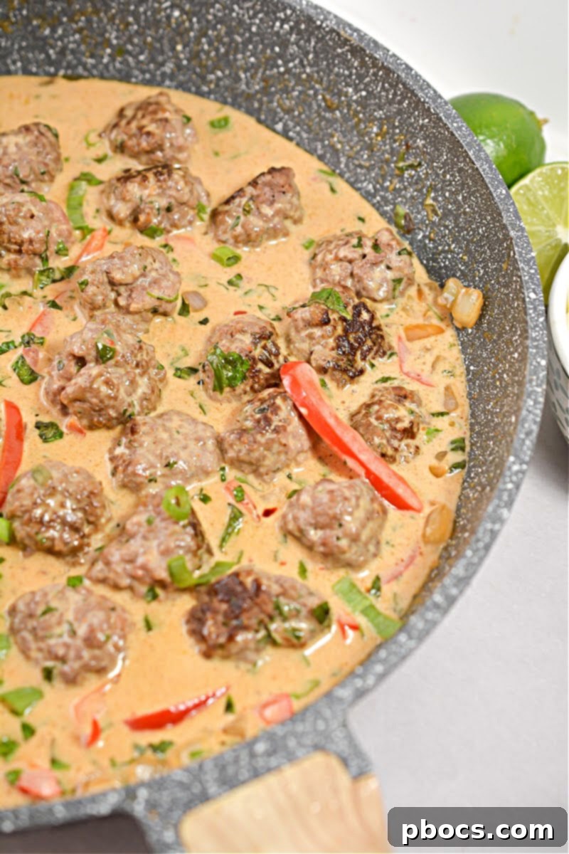 Spicy Keto Thai Meatballs 16 Finished Keto Thai Meatballs in skillet