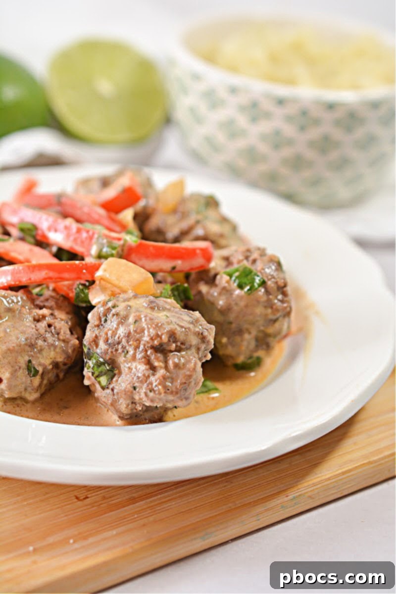 Spicy Keto Thai Meatballs 3 Close-up of Keto Thai Meatballs on a plate