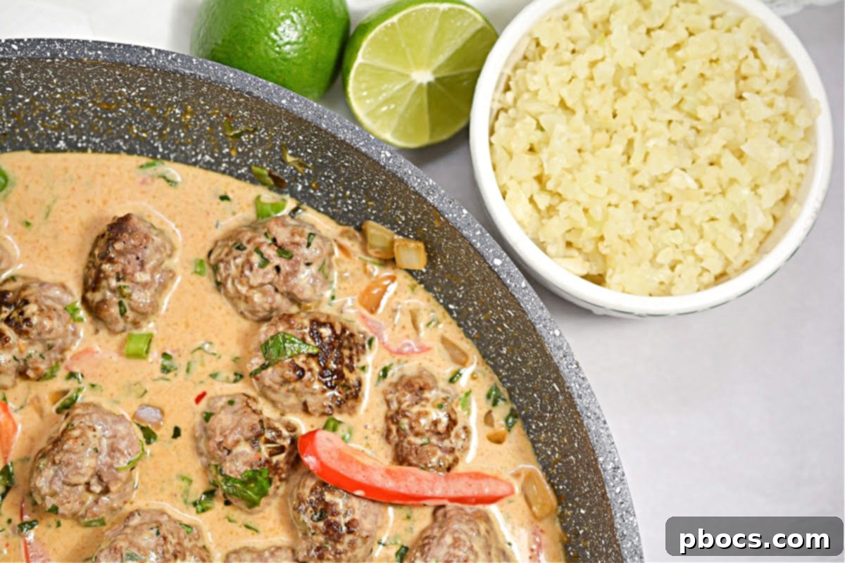 Spicy Keto Thai Meatballs 8 Keto Thai Meatballs with a side of cauliflower fried rice