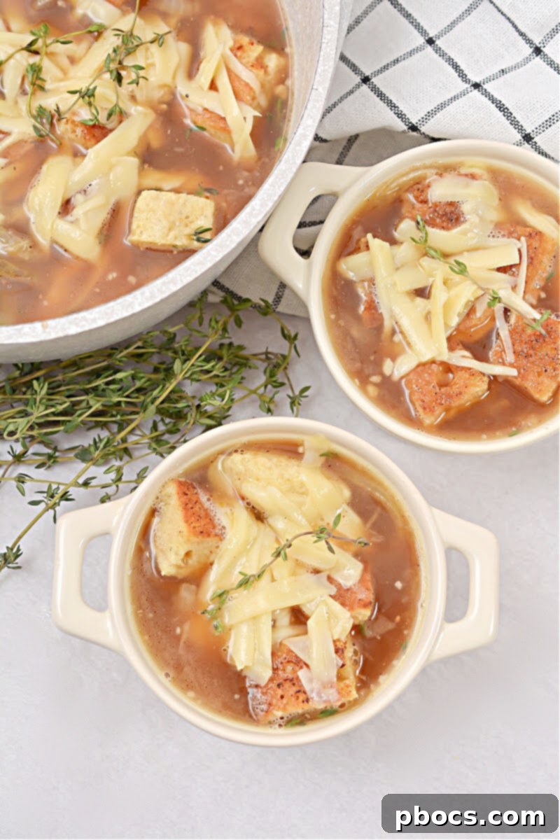Close-up of Keto French Onion Soup in a pot, ready for meal prep